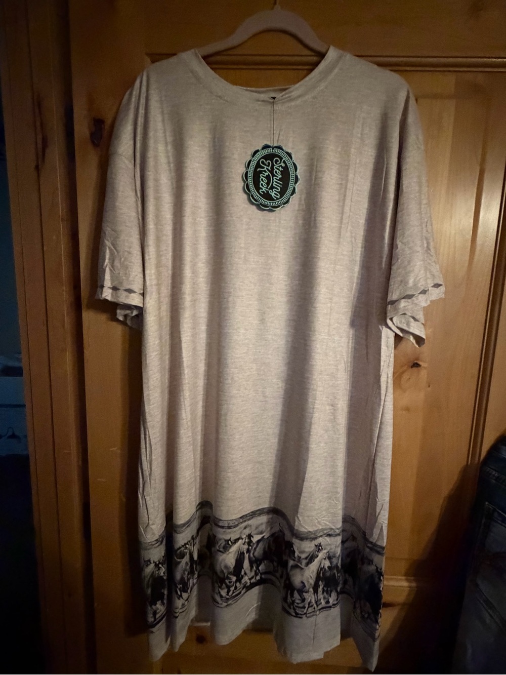 women’s  Crew Neck Shirt Dress in Light Gray with Horse Border